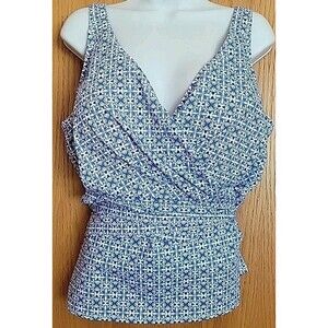Lands' End Swim Top 22W Blue Geometric Slender V-Neck Tankini 2X Slimming S96